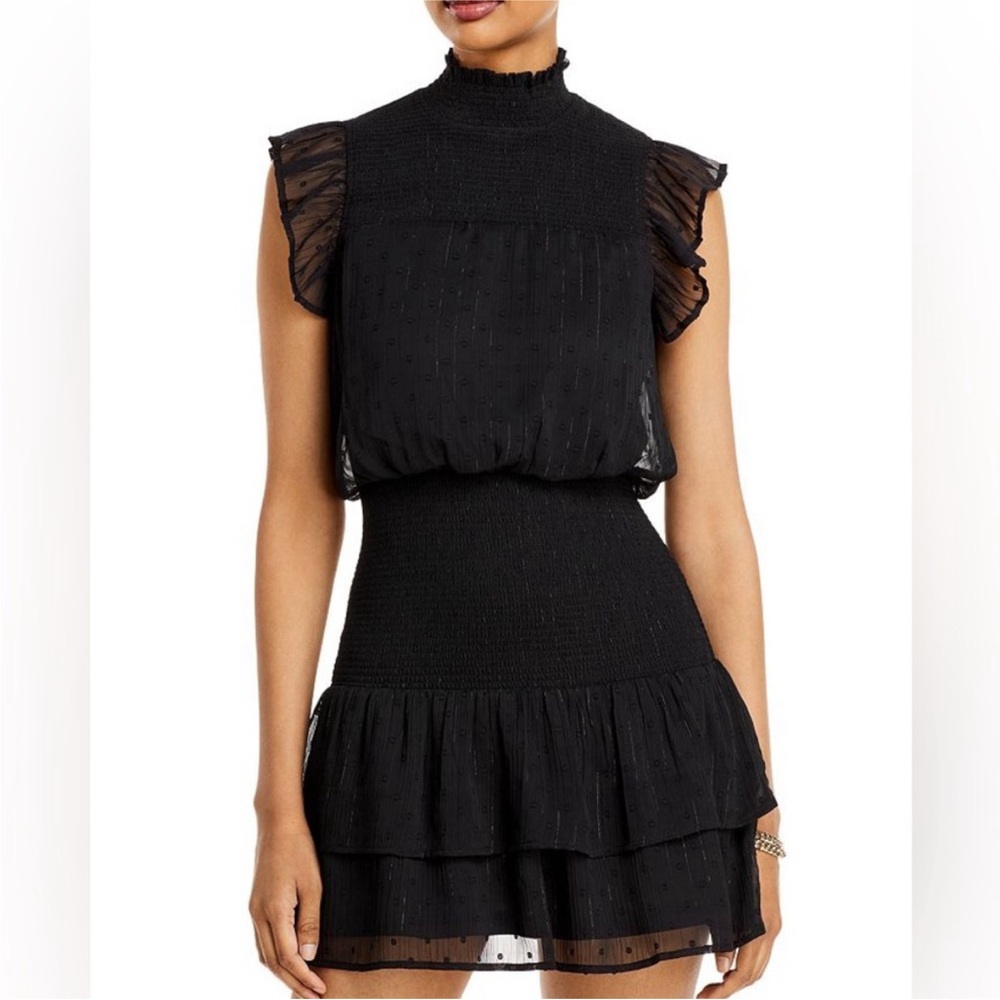 Aqua Ruffle Short Sleeve Smocked Mini Dress Black, XS